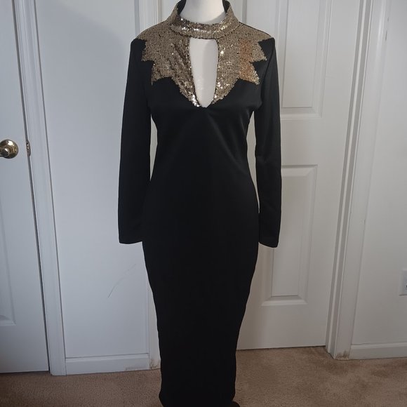 Spring Black Navy Gold Midi Dress  Long Sleeve women - Picture 2 of 7